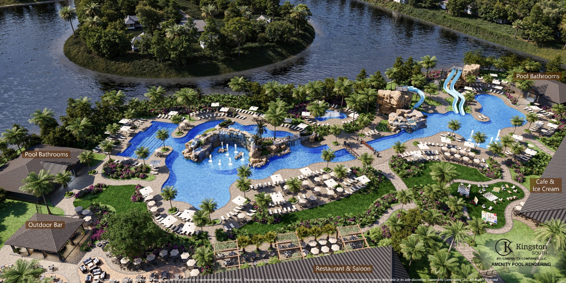 Labeled aerial artist rendering of Kingston South's planned pool, outdoor bar, café and Saloon