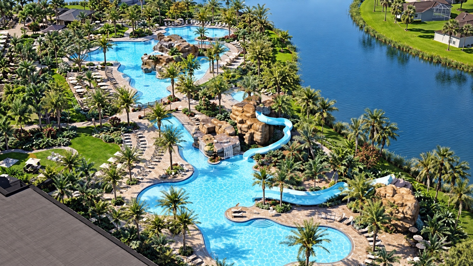 Aerial artist rendering of Kingston South's planned resort pool and waterslides