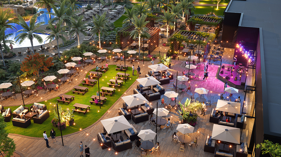 Aerial artist rendering of the Kingston South Saloon and outdoor entertainment lawn