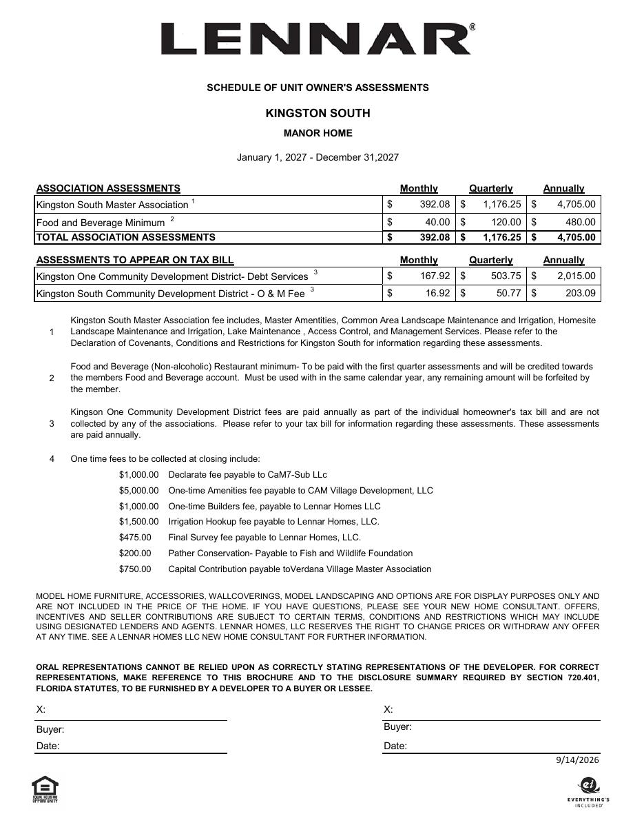 Manor Homes HOA and fee sheet preview