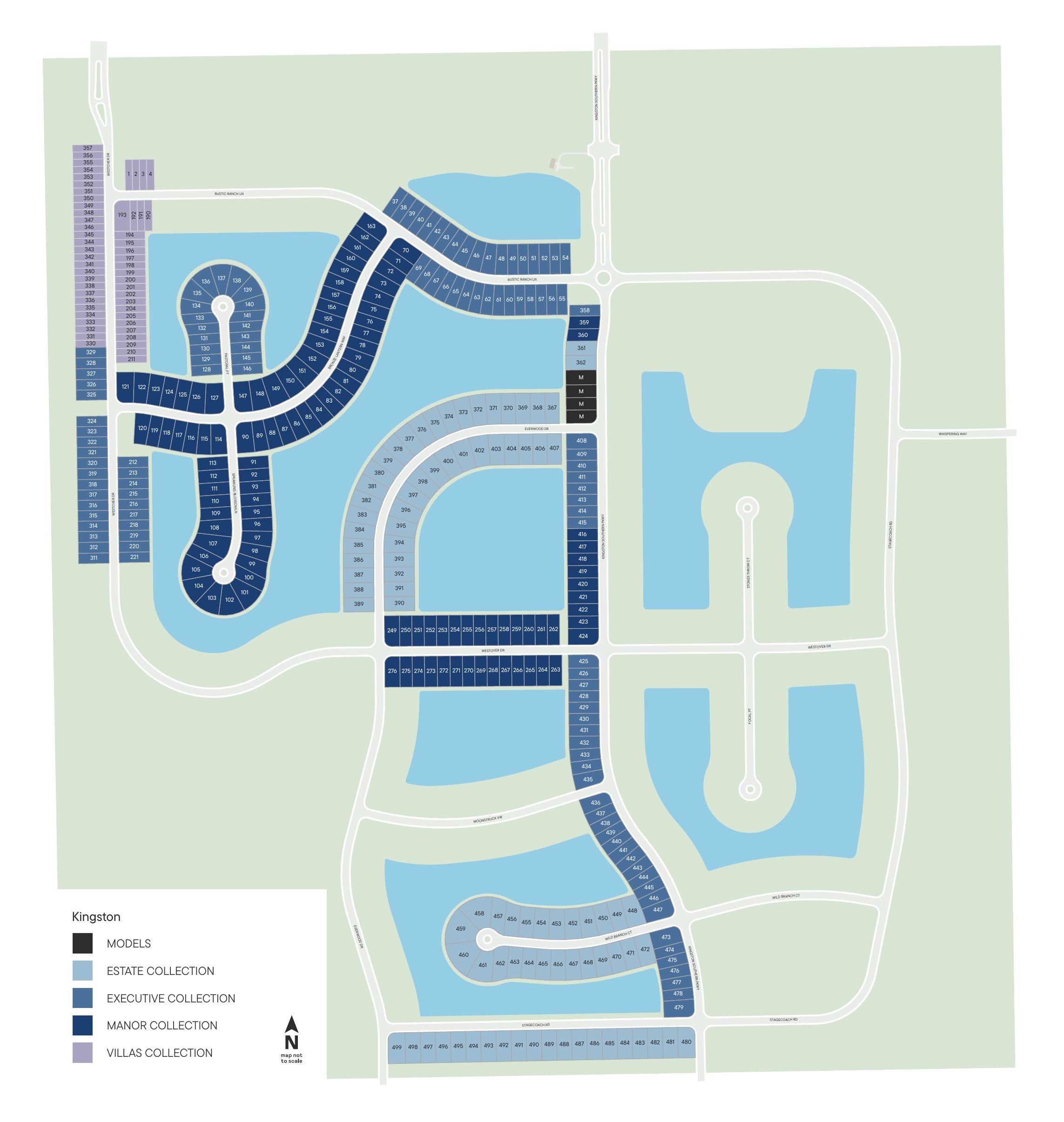 Kingston South marketing site map showing numbered homesites by collection, lakes, roads, and model locations